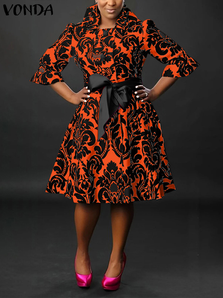 Vonda-女性の膝丈プリントドレス,エレガントなサンドレス,スタンドカラー,リボンベルト,カジュアルドレス,ボヘミアン,ラージサイズ,5xl,2025