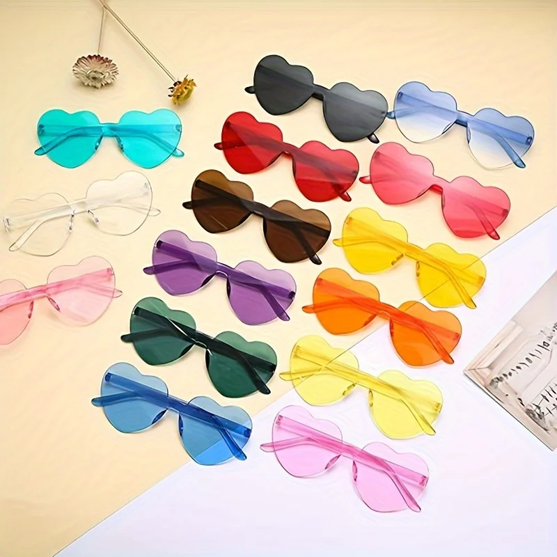 12pcs 하트 모양의 선글라스 여성 플라스틱 사랑 고양이 눈 무테 프레임 Colorfu 렌즈 태양 안경 여성 여행 안경