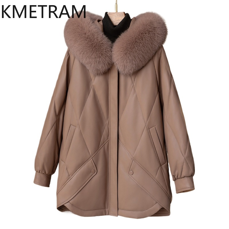 Damska kurtka puchowa z białego puchu gęsiego, codzienna, z prawdziwej owczej skóry, kołnierz z futra lisa, zimowa odzież damska 2025 Пуховик Женский