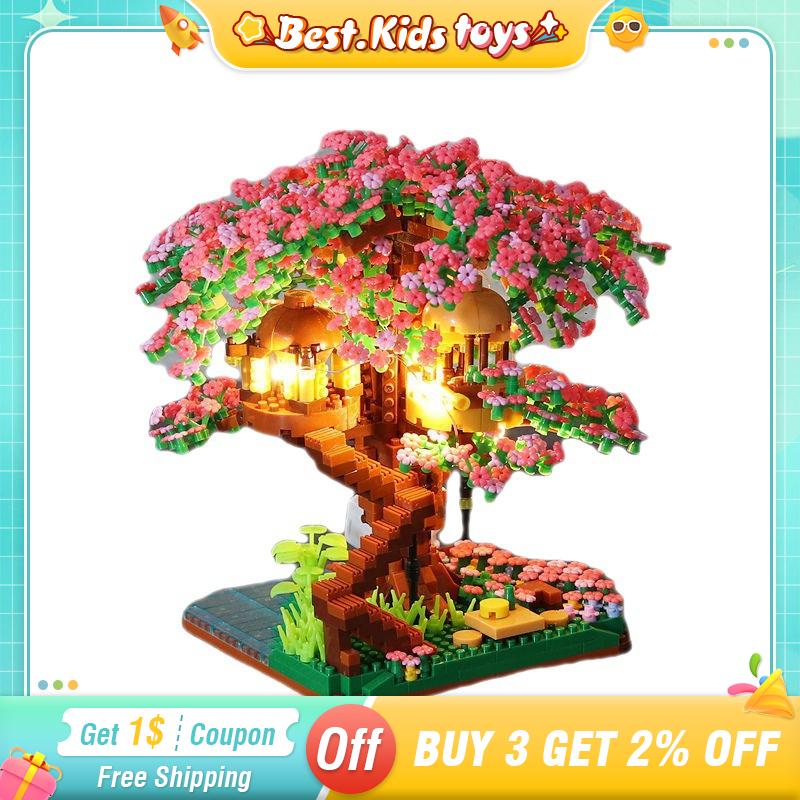 Mini casa de árbol Sakura con luces, modelo de bloques de construcción, vista de la calle de la ciudad, casas de flores de cerezo, ladrillos, juguetes para niños, regalo
