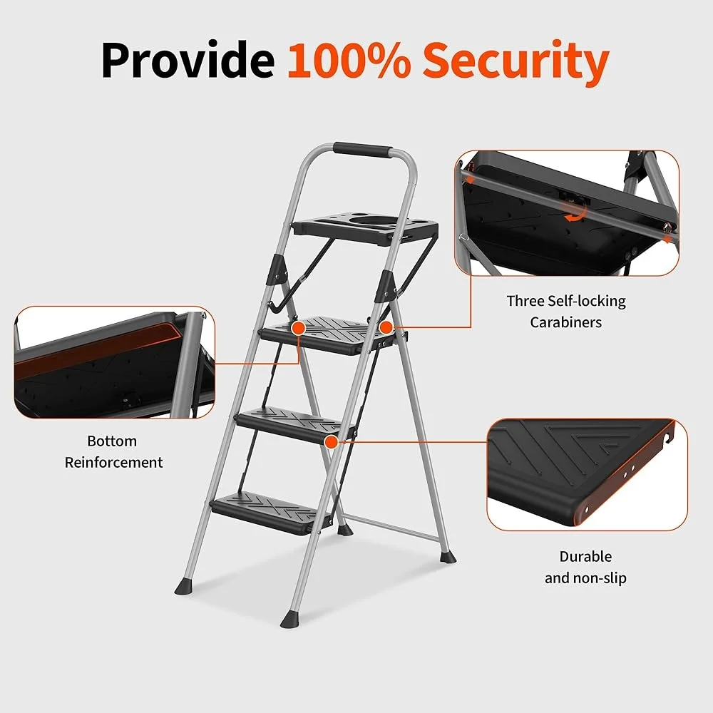 3 Step Folding Step Ladder Stool with Tool Tray Anti-Slip Pedal Heavy Duty Steel Construction 900lbs Portable Safe Space Saving
