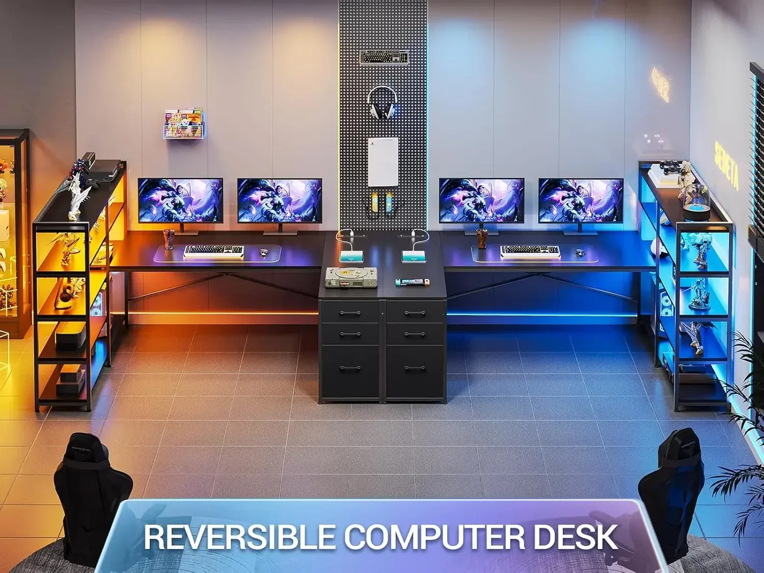 L Shaped Desk, Reversible U Shaped Computer Desk with Power Outlet and Storage Shelves, Corner Gaming Desk with LED Lights, 3 Fa