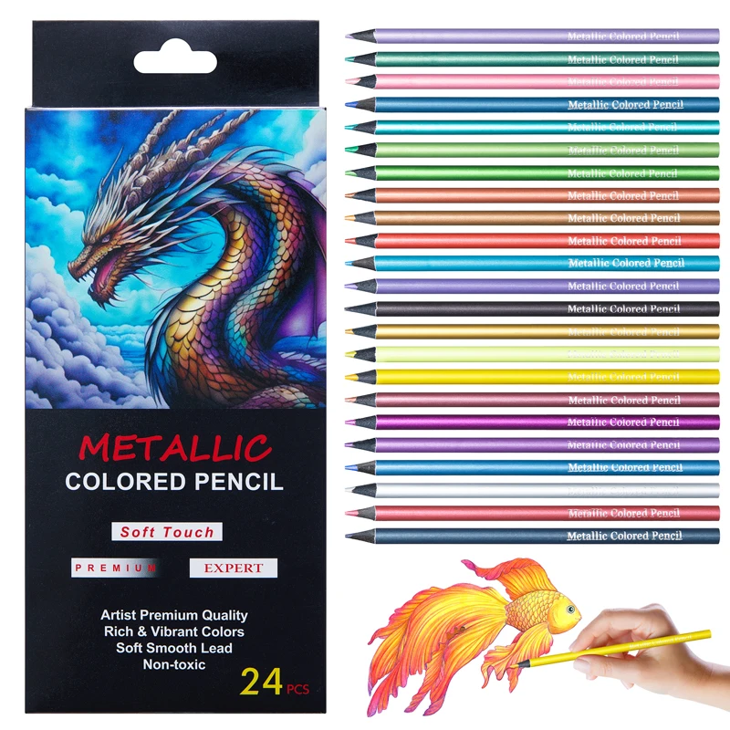 24 สีดินสอสีเมทัลลิควาดชุดภาพวาดดินสอสีอุปกรณ์ศิลปะสําหรับดินสอสีศิลปิน
