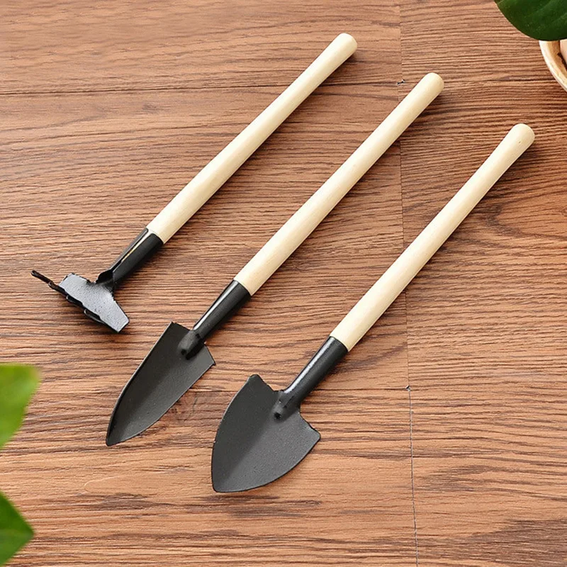 Juego de 3 piezas de Mini herramientas para macetas de jardinería, pala con mango de madera, rastrillo, herramientas multifuncionales para bonsái de plantas domésticas