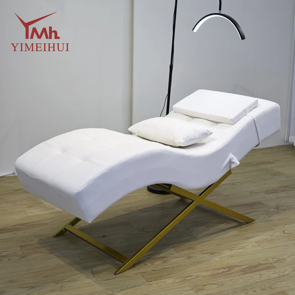 Letto per ciglia per massaggio spa con letto facciale in velluto curvo bianco dal design moderno e di lusso per salone di bellezza