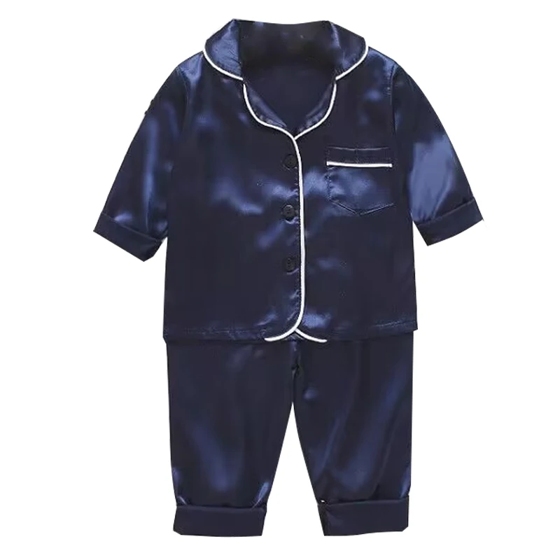 Versione coreana del pigiama per bambini set top a maniche lunghe in raso di seta + pantaloni set in tinta unita per bambina in due pezzi