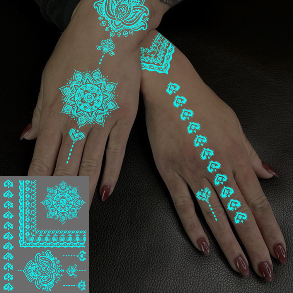 Blue Luminous Glow Hand Henna กันน้ําชั่วคราว Tattoo สติก
