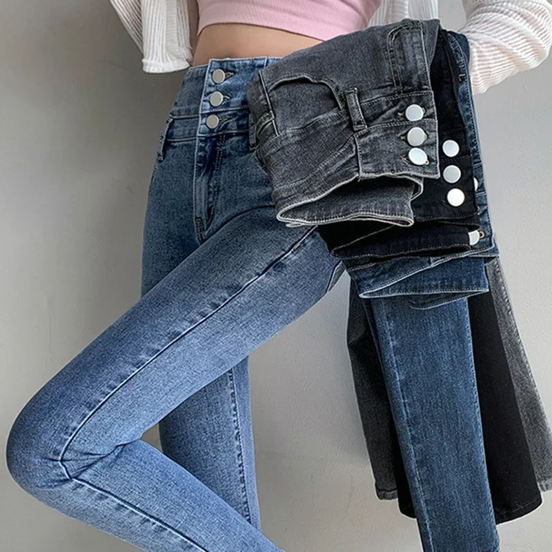 Nuevos pantalones vaqueros elásticos de cintura alta para mujer, azul, negro, gris, elegantes y versátiles, pantalones largos de mezclilla ajustados populares con múltiples botones para mujer