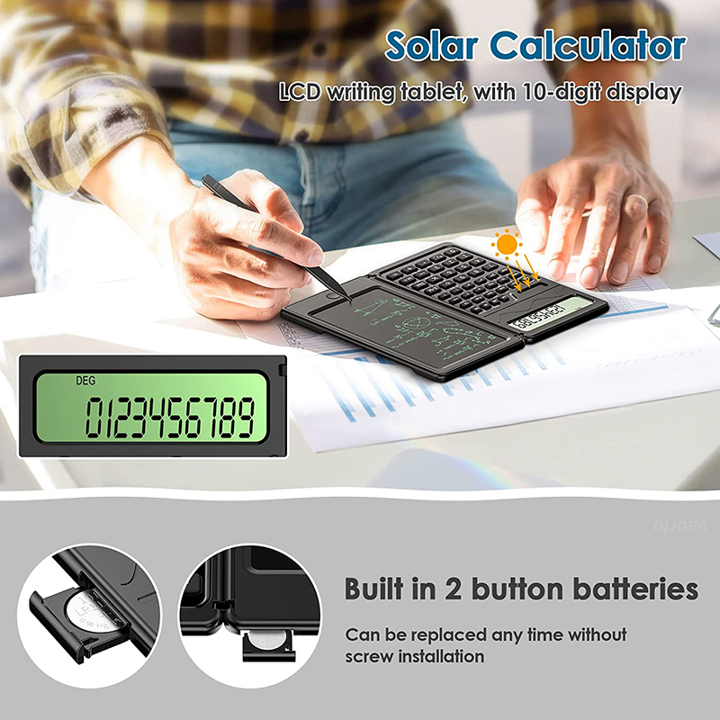 Solarbetriebener wissenschaftlicher Taschenrechner und 6-Zoll-Schreibtablett, faltbares 10-stelliges LCD-Display für Büro, Studenten, Lehrer, Buchhalter