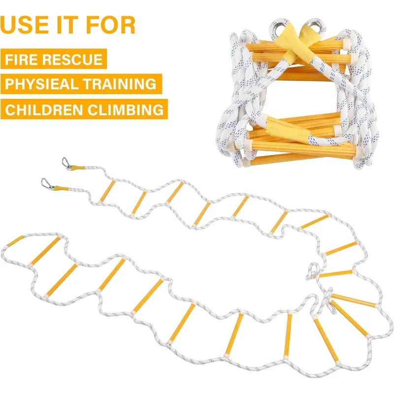 Fire Escape Ladder Flame Resistant Safety Extension Rope Ladder with 2 Hooks, 3 to 7 Story Homes Reusable Compact Portable