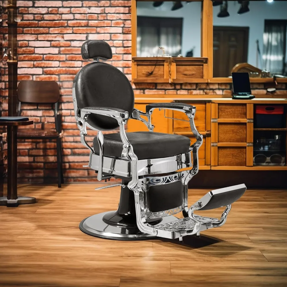 Heavy Duty Vintage Recline Barber Chair Hydraulic with Headrest, Supports up to 700lbs & 360°Rotatable, Professional Salon Spa