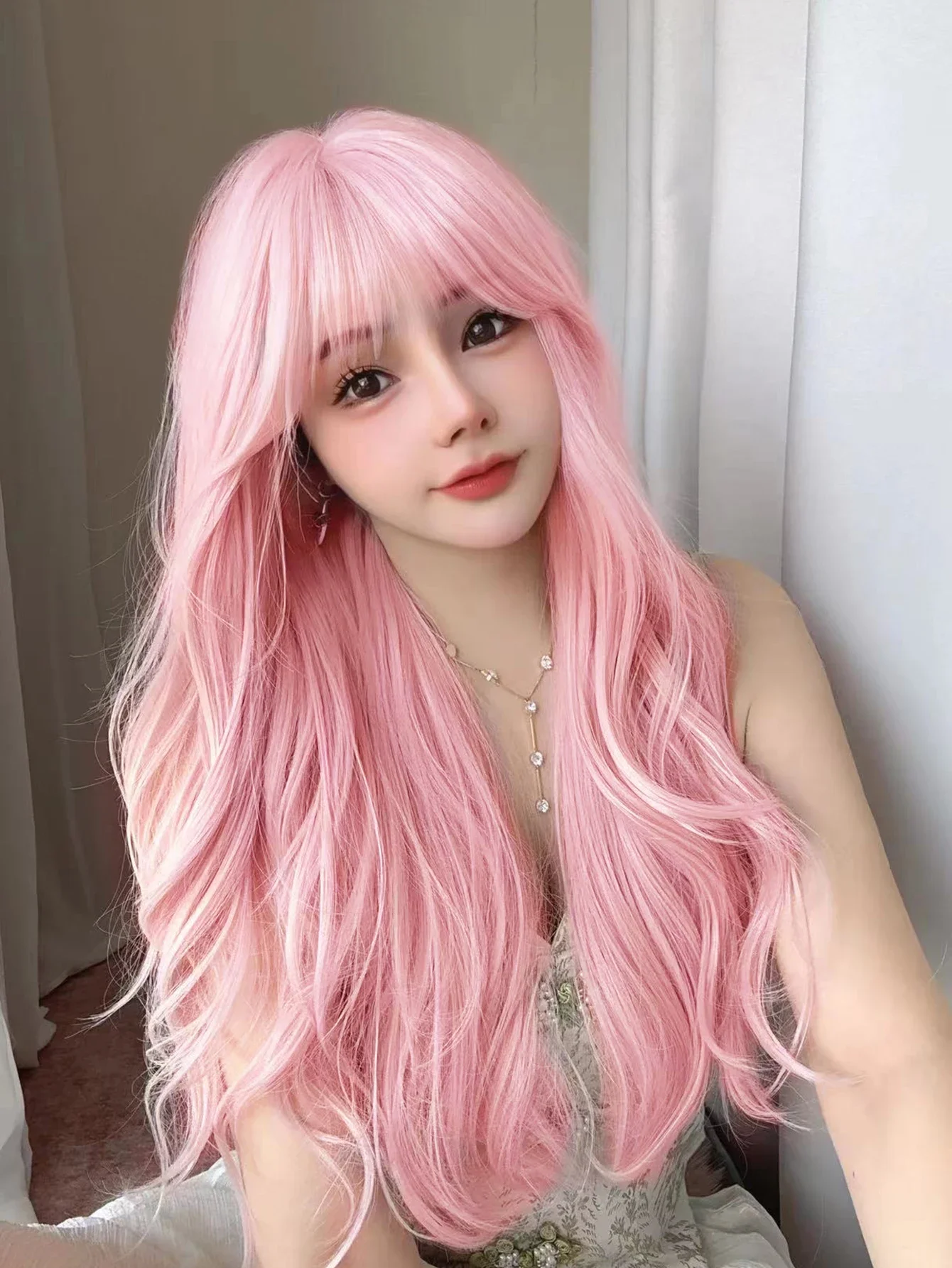30 Polegada perucas sintéticas muito rosa com bang longo natural ondulado peruca de cabelo para uso diário feminino cosplay drag queen resistente ao calor