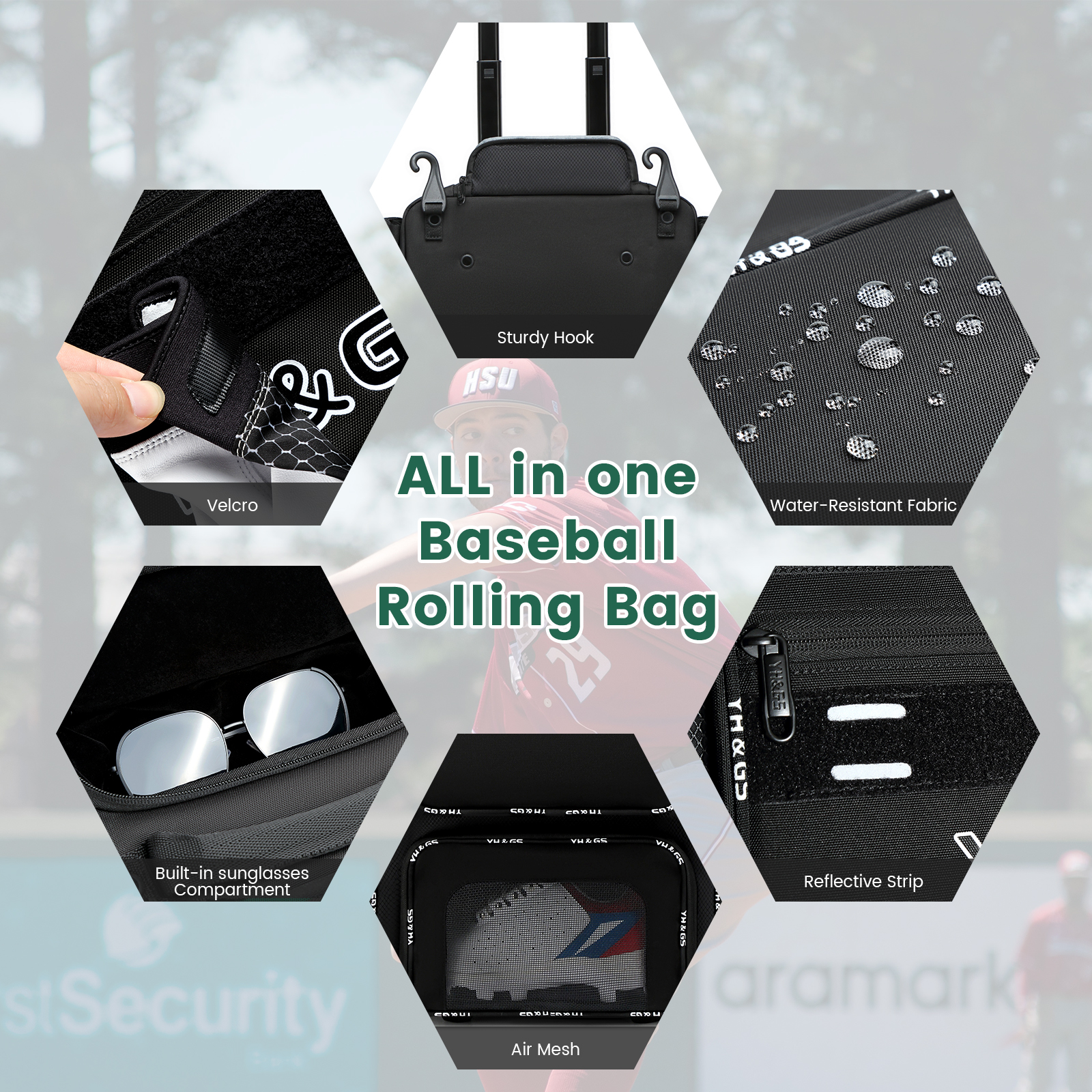 Carrinho de beisebol com rolamento, bolsa de beisebol para esportes ao ar livre com gancho para cerca, bagagem de beisebol leve, bolsa de softball juvenil