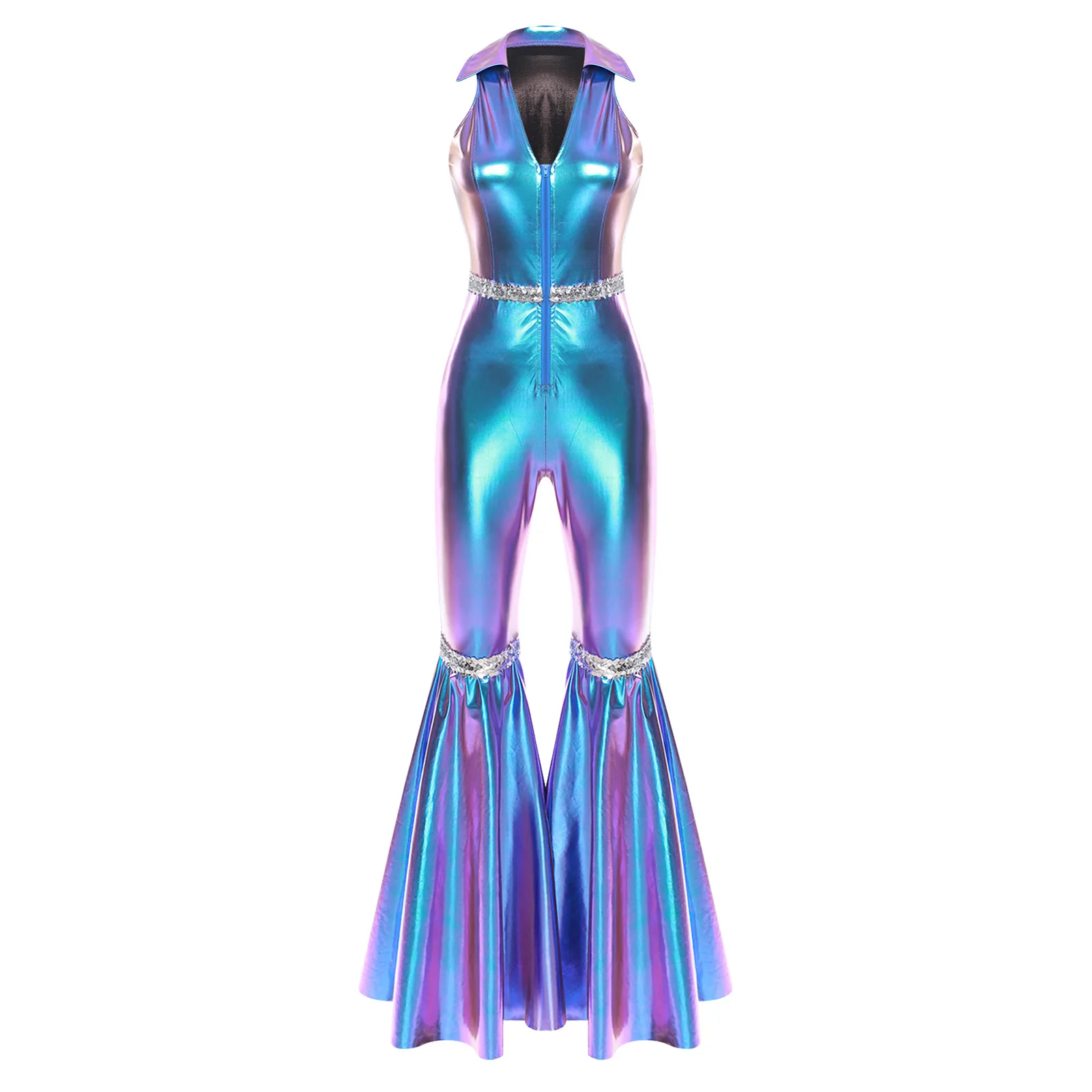 Erwachsene Damen 70er Jahre Disco Strampler Revers V-Ausschnitt ärmellos Frontreißverschluss Pailletten Bell-Bottom lange Hosen Overall Retro Jazz Dancewear