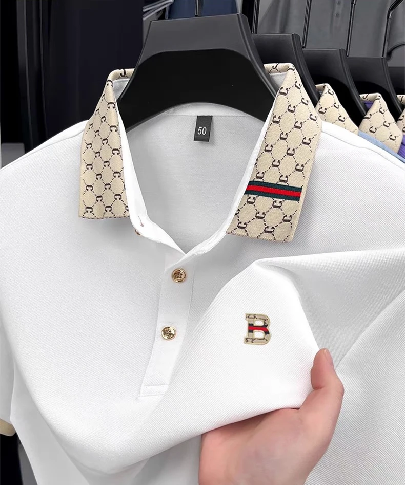 Marca de lujo B letra en relieve polo de manga corta hombres verano ligero transpirable nueva moda color bloqueado solapa camiseta