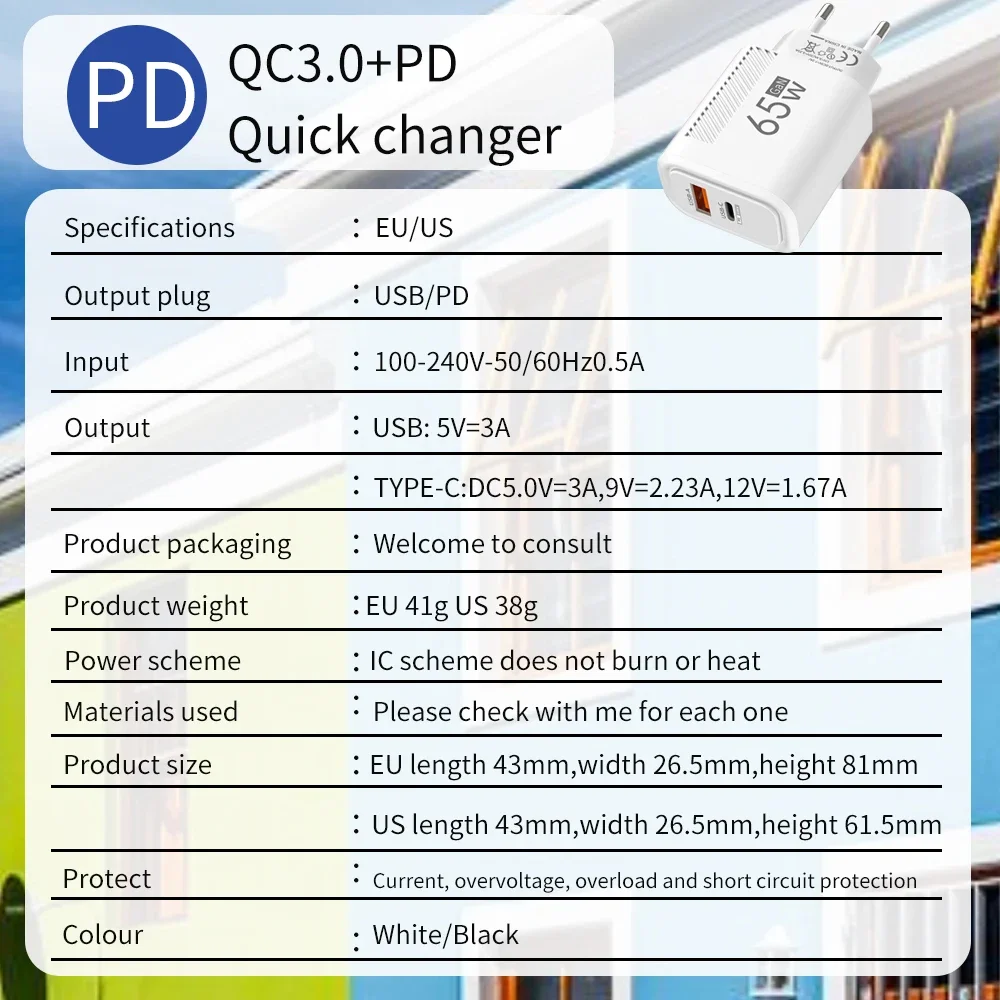 รวม 65W GAN Charger USB PD Fast CHARGING ความเร็วสูงประเภท C Quick Charge โทรศัพท์มือถืออะแดปเตอร์ผนังสําหรับ iPhone 15 Pro Xiaomi 14