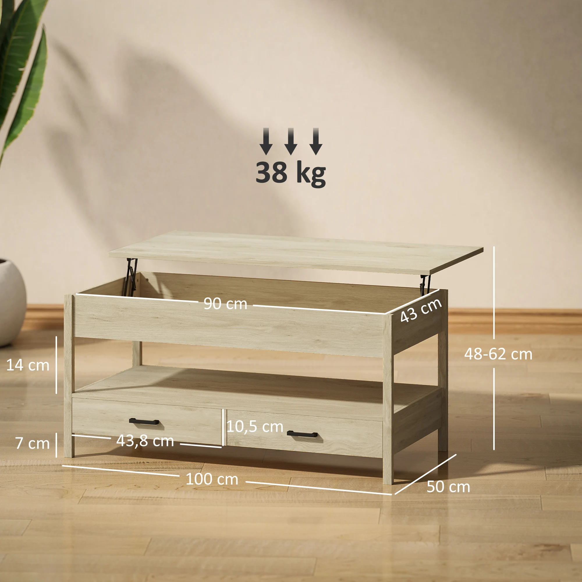 Homcom anhebbarer Couchtisch mit Stauraum, verstecktem Fach, Schubladen und offenem Regal, 100 x 50 x 48–62 cm, Eiche