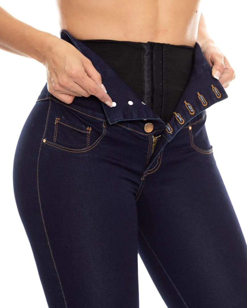 Vaqueros de cintura alta con realce de glúteos colombianos, con faja interna, aplanan tu barriga y controla tus piernas, Color Azul Marino