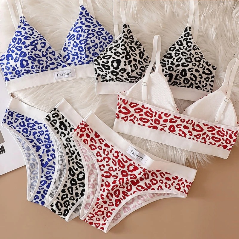 2023 Summer New Women's Leopard Print Traceless and Steel Rim Bra Adjustable Shoulder Strap Back Women's Underwear Set