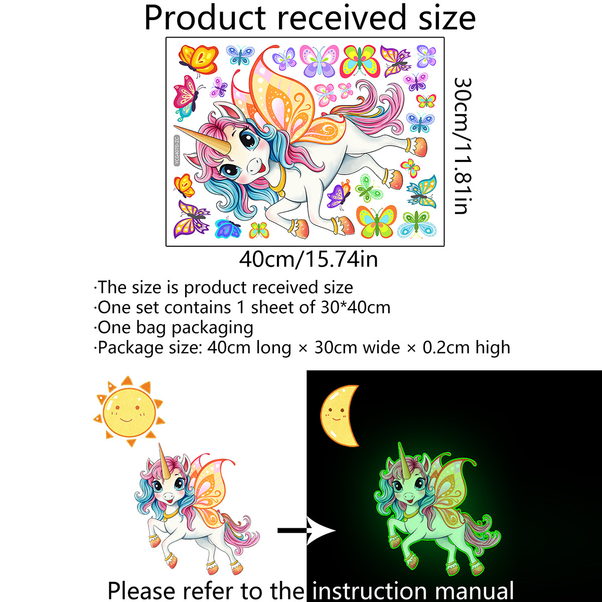 女の子のための漫画のステッカー,手描きのユニコーン,カラフルな蝶,寝室とリビングルームの壁紙,ycg4070,30x40cm