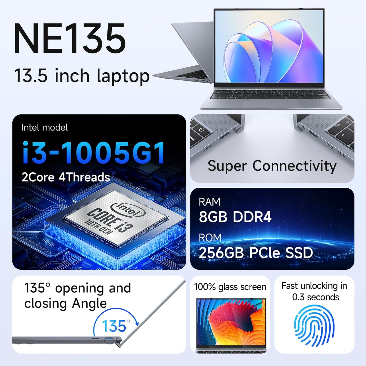 13.5Inch Laptop Intel Core i3-1005G1 8GB RAM 256GB SSD，Windows 11 for Students and Business