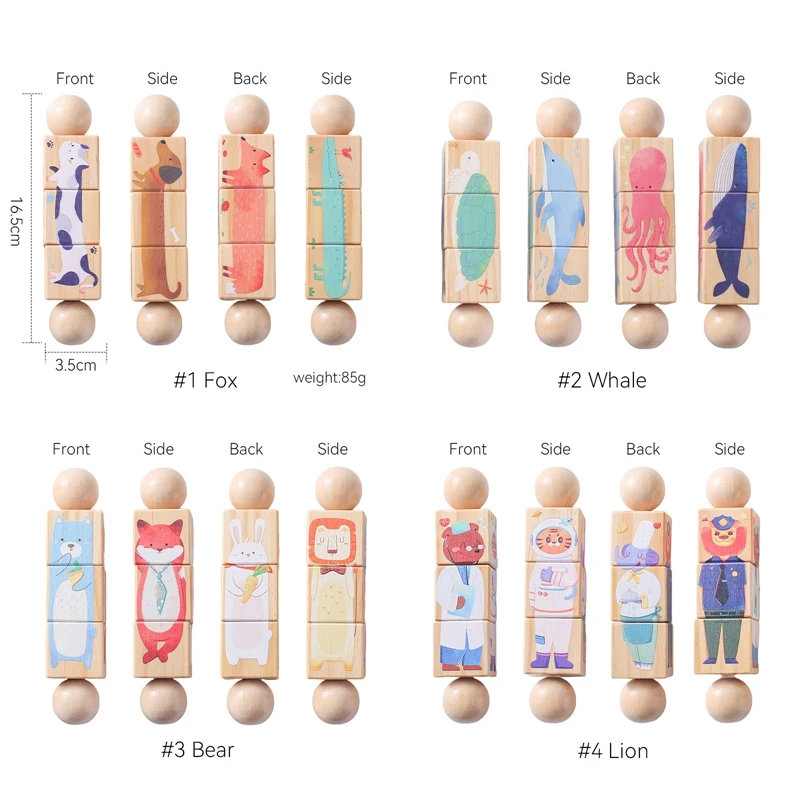 1pc Baby Wooden Rotating Rattle Animal Matching Building Blocks Newborn Soothing Toy Rotating Puzzle Montessori Toys for Babys