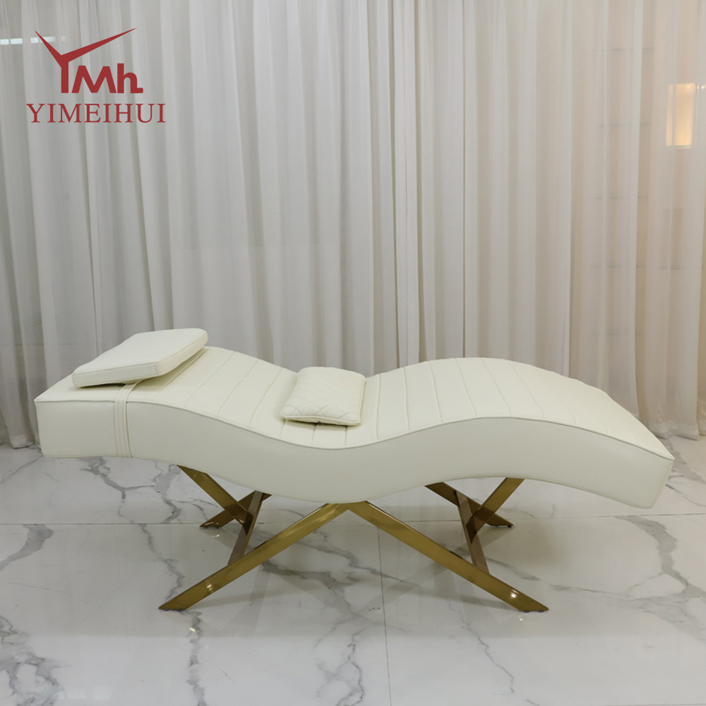 Cama de masaje de Metal con Base dorada, cama de Spa Facial, mesas de tratamiento cosméticas blancas para pestañas, camas para tatuaje