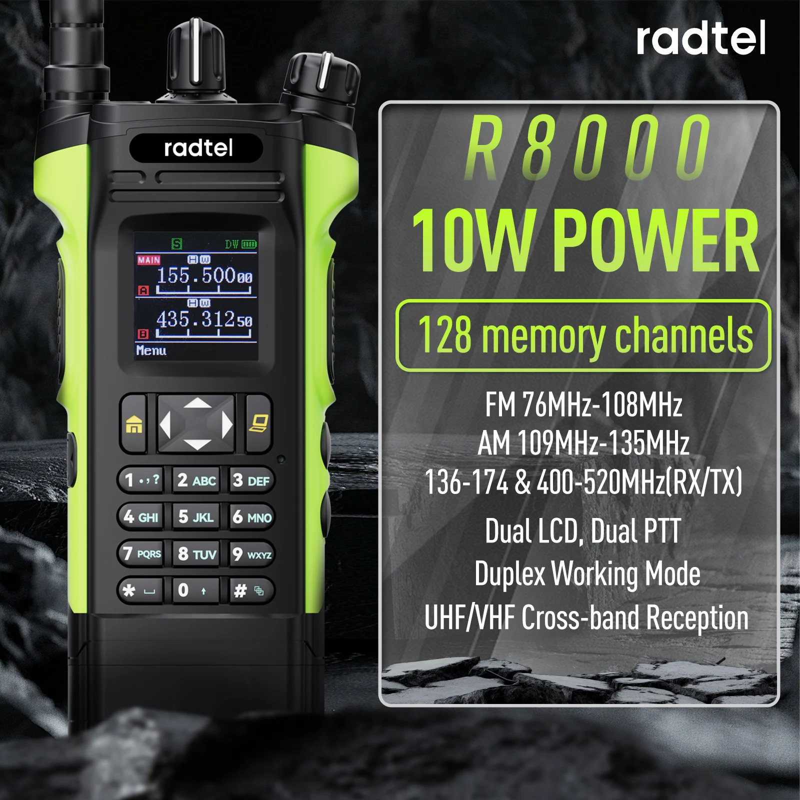 Radtel R8000 (APX-8000) 136–174/400–520 MHz Amateurfunk Dual-Display Air Band Walkie Talkie Tragbares Funkgerät mit großer Reichweite