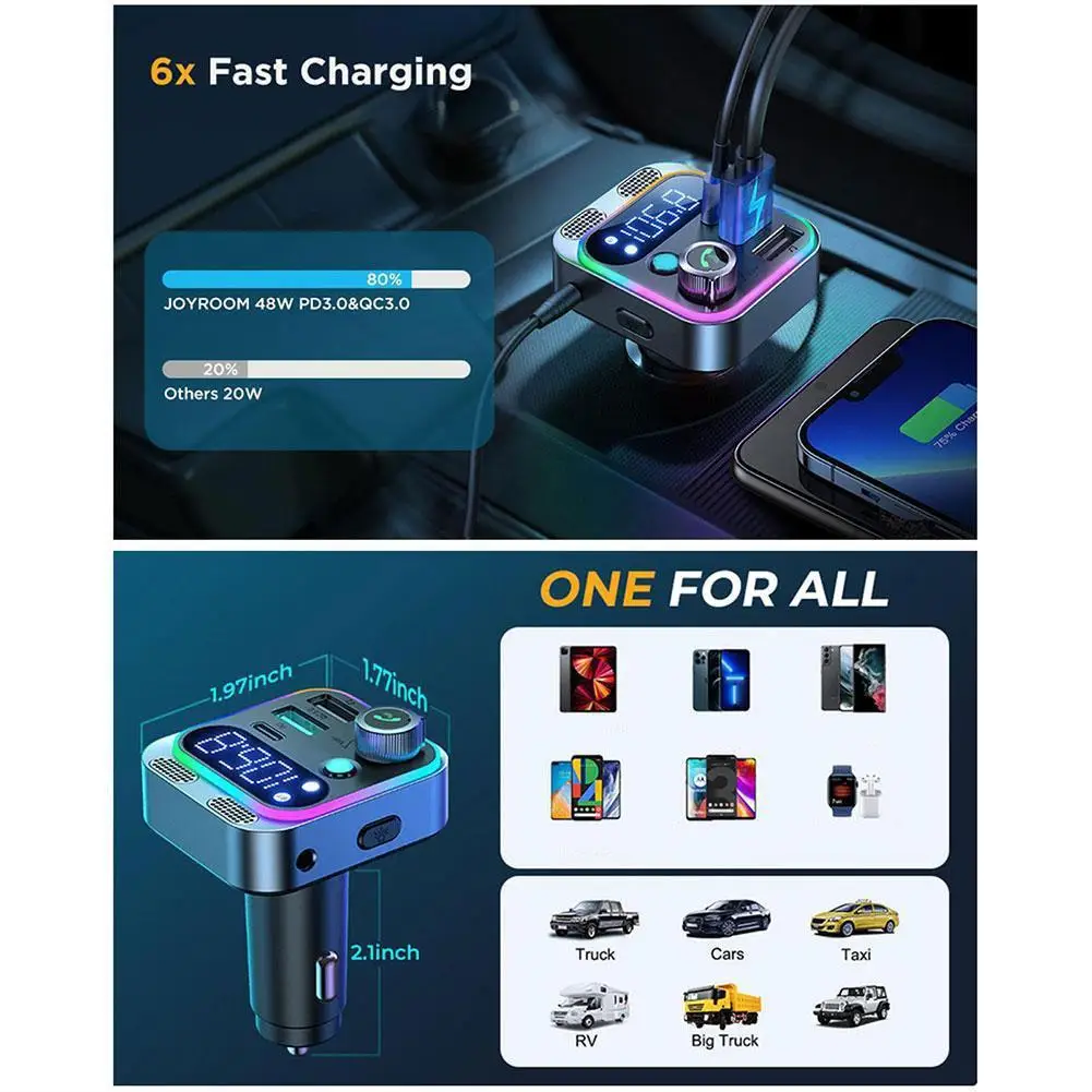 Transmissor FM Bluetooth para rádio de carro com microfones duplos para chamada de telefone mãos livres sem fio MP3 Player Suporte para carregamento rápido