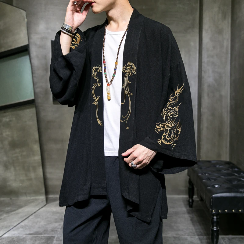 ชุดแฟชั่น Tai Chi ชุดคลุมคาร์ดิแกนปักลายสไตล์จีนของผู้ชายจาก Hanfu เสื้อคลุมกิโมโน5XL ขนาดใหญ่เสื้อโค้ทผู้ชายโบราณ
