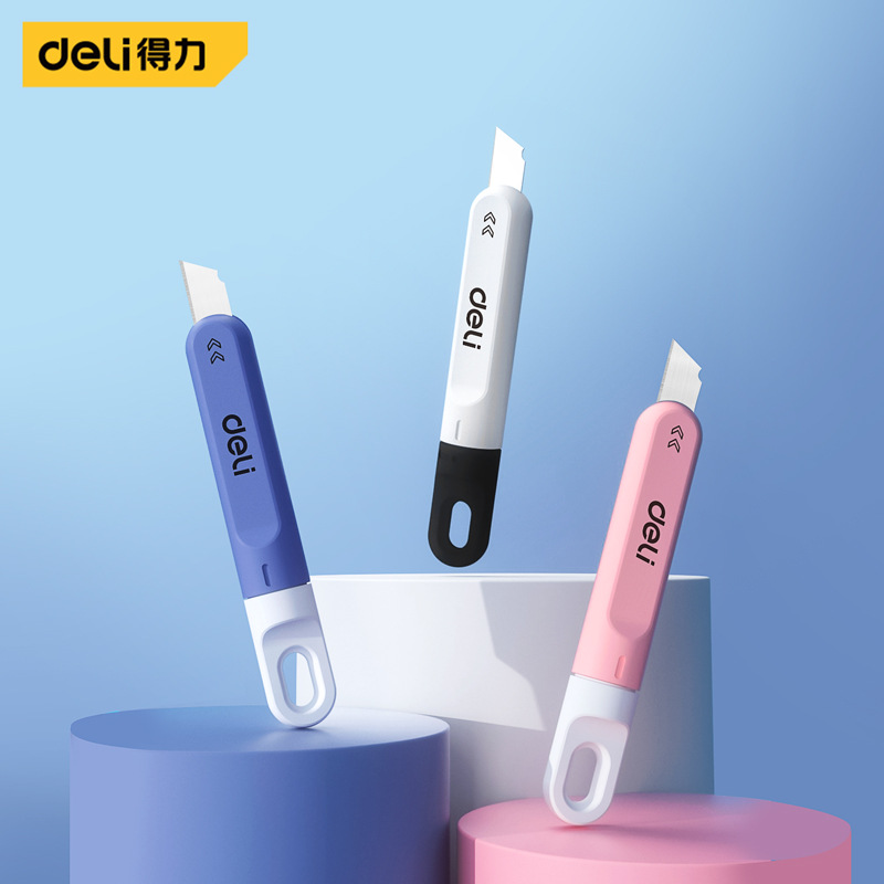 Deli Mini cuchillo de bolsillo para niñas y mujeres, cortador de caja pequeña telescópico giratorio SK5 hoja de acero Taglierino nafжки lindos útiles escolares