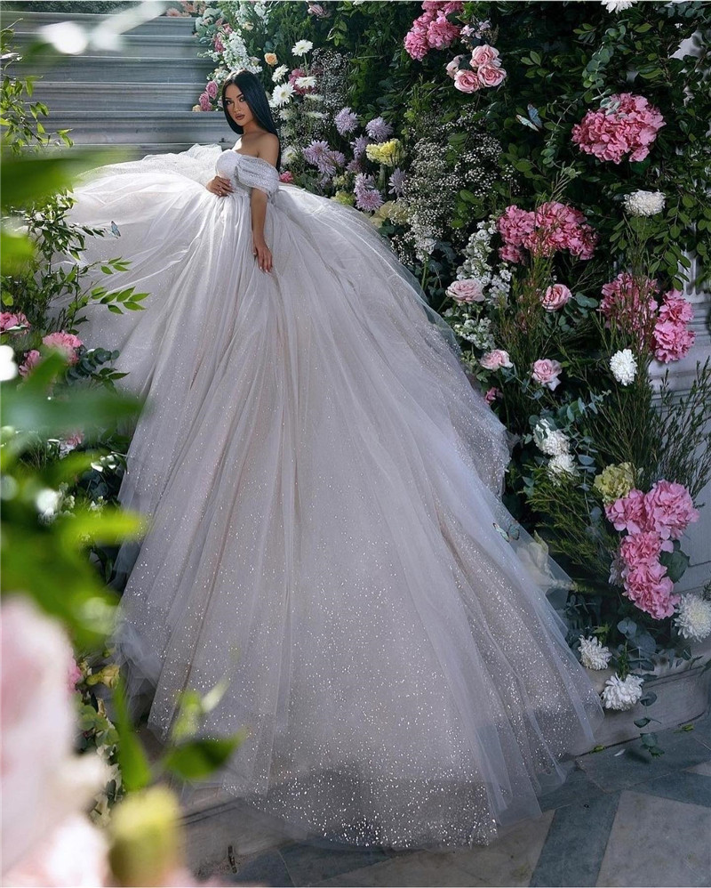 LORIE Shiny Glitter Prinzessin Brautkleider Eine Linie Weg Von Der Schulter Braut Kleid Herzförmiger Ausschnitt Dubai Brautkleider Angepasst
