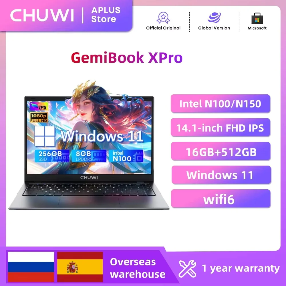 Ноутбук CHUWI GemiBook XPro, 8 ГБ LPDDR5, 256 ГБ SSD Intel N100/N150 UHD, видеокамера 12-го поколения, 14,1 дюйма, FHD, 1920*1080, Windows 11, ноутбуки