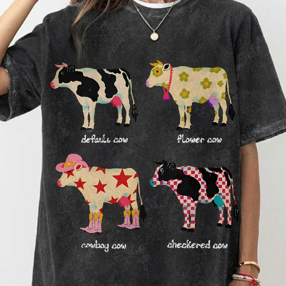 Camiseta con estampado de vaca de dibujos animados, algodón puro, hombros lavados, cuello redondo, estilo Neutral, tendencia de moda, nuevas mangas cortas de alta calidad