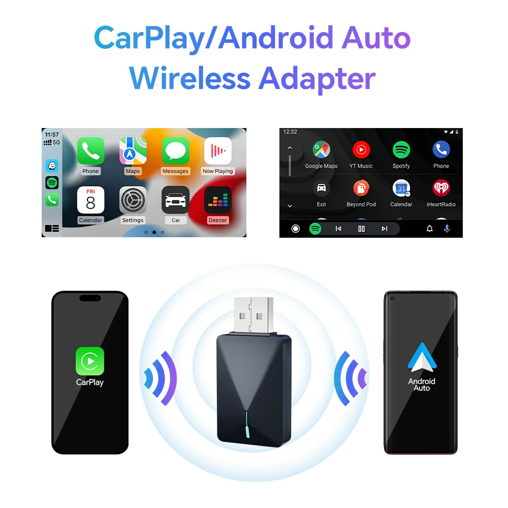 2024 Mini cableado a inalámbrico 2 en 1 AI Box Carplay 5G Wif y Bluetooth 5,0 Android Auto Plug and Play conexión no inductiva