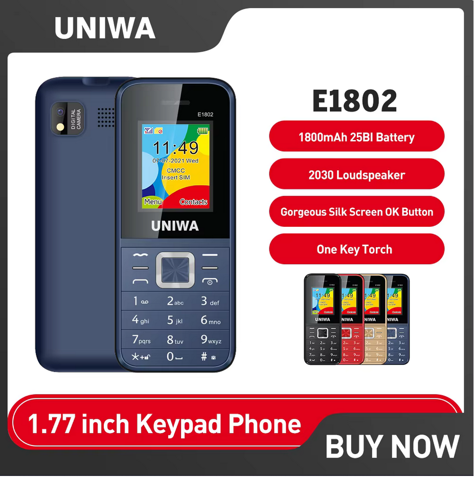 UNIWA E1802 2G Cellphone 1.77 Inch Flip Phone Push Button 1800mAh Telephone for Senior Elder Dual SIM Dual Standby Wireless FM