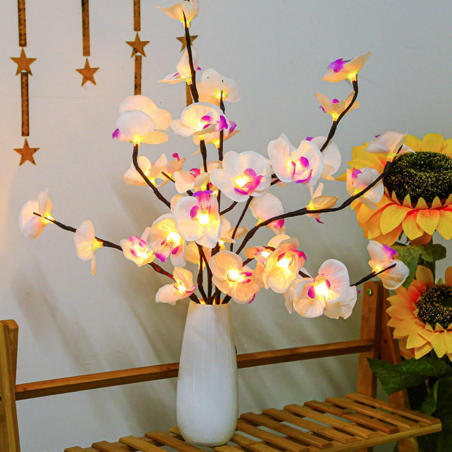 1 Packung weiße und violette Schmetterlings-Orchideen-Baum-Lichter, batteriebetriebene Baumlampe, beleuchtet für romantische Dekoration im Zimmer zu Hause
