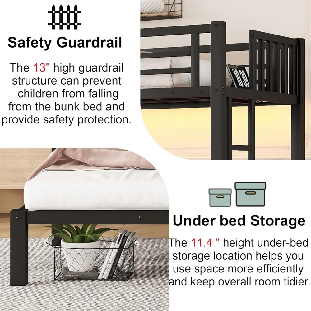Triple Bunk Bed with LED Light ,Metal Heavy Duty 3 Bunk Beds with Charge Station & Storage Shelf, Convertible Three Bunks Beds