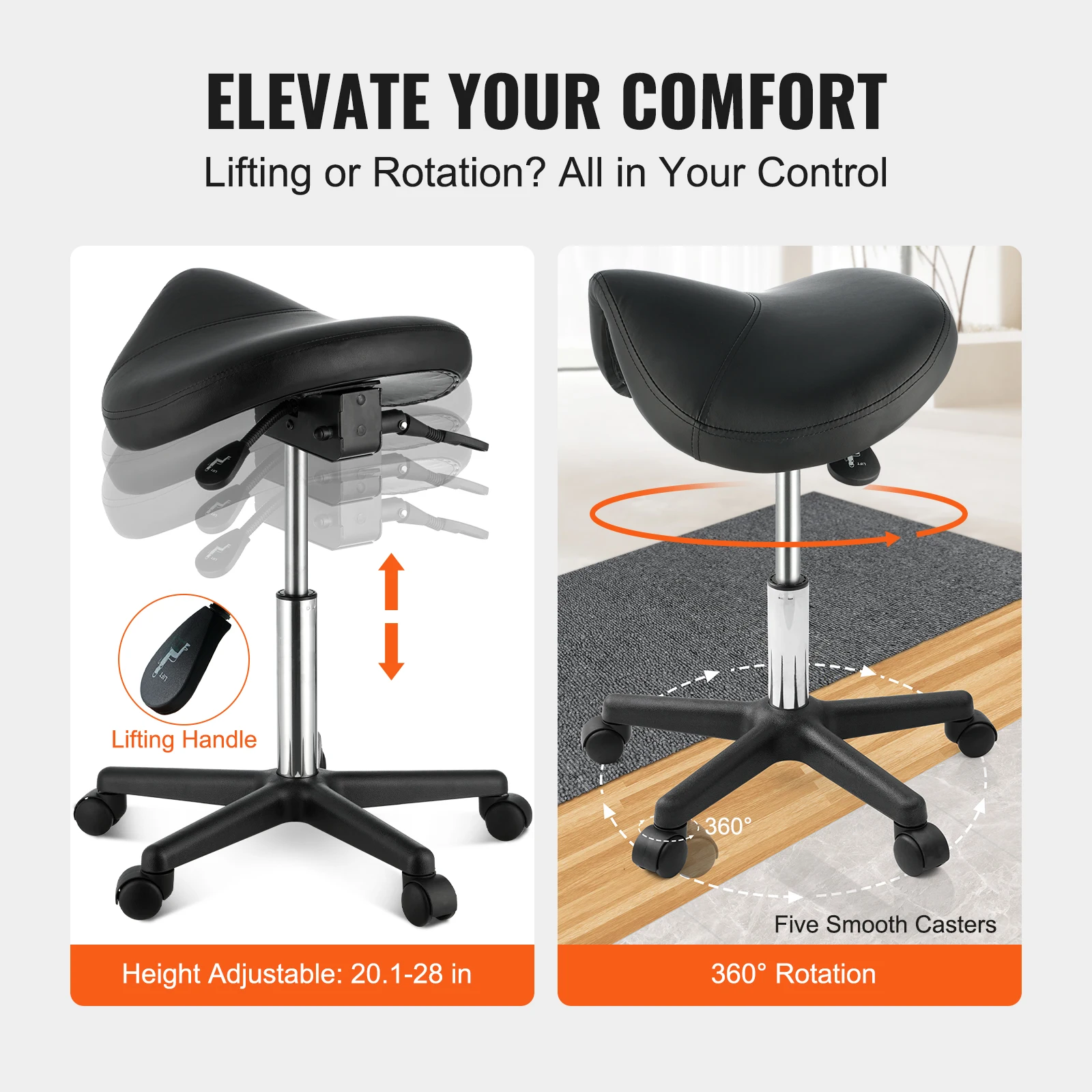 SucceBuy Ergonomic Saddle Stool w/ 5 Swivel Casters 360° Rotation 20.1-28 in Height Adjustable Round Stool for Bar Salon Office