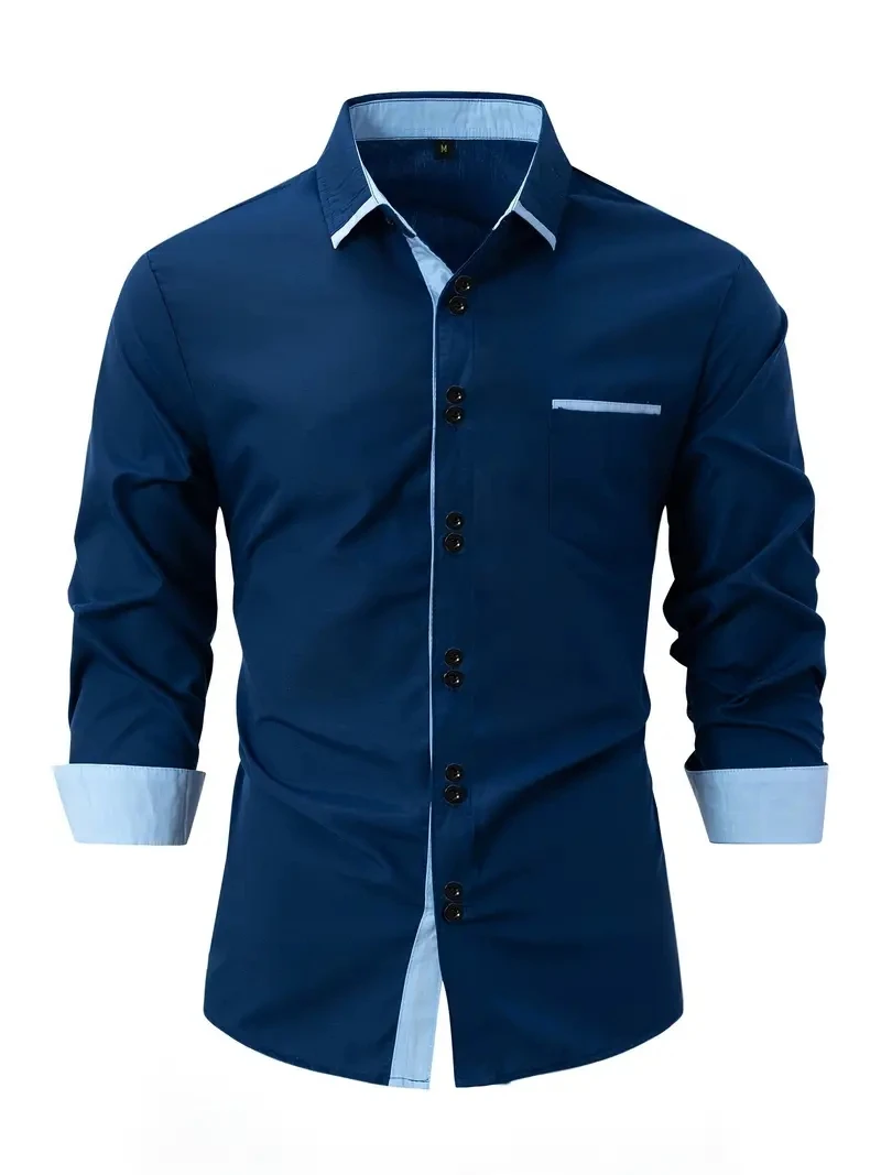 Camisa de algodón informal de negocios para hombre con bolsillo, solapa a juego, cómoda camiseta de manga larga para vacaciones