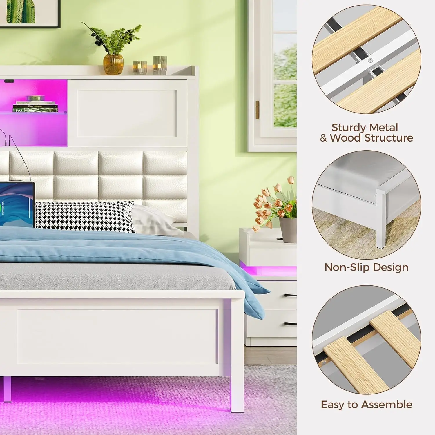 Bed Frame Twin Size with Charging Station, Bookcase Headboard Bed with LED Light and Sliding Doors, Platform Bed with