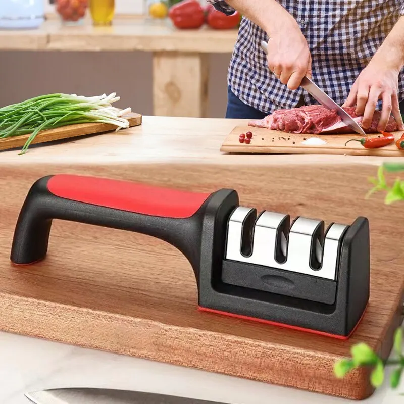 ห้องครัว 3 ส่วนมีด Sharpener ในครัวเรือน Multi-Functional Hand-Held สามอเนกประสงค์สีดํา Sharpening Stone