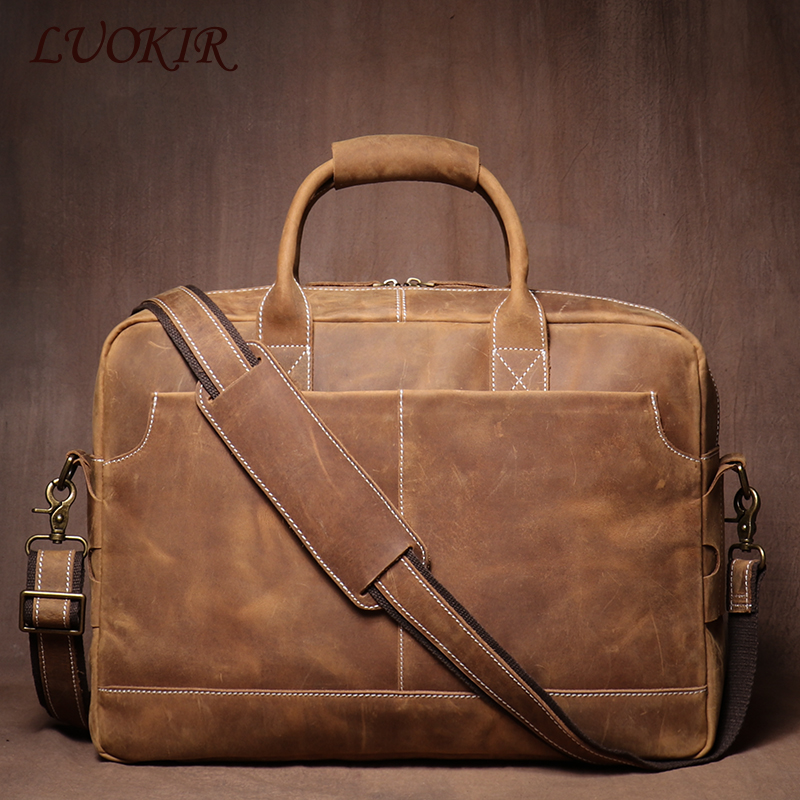 LUOKIR-Bolsa de couro vintage Crazy Horse para homens, pasta de couro, Weekend Business Travel Computer Bag para laptop 16"