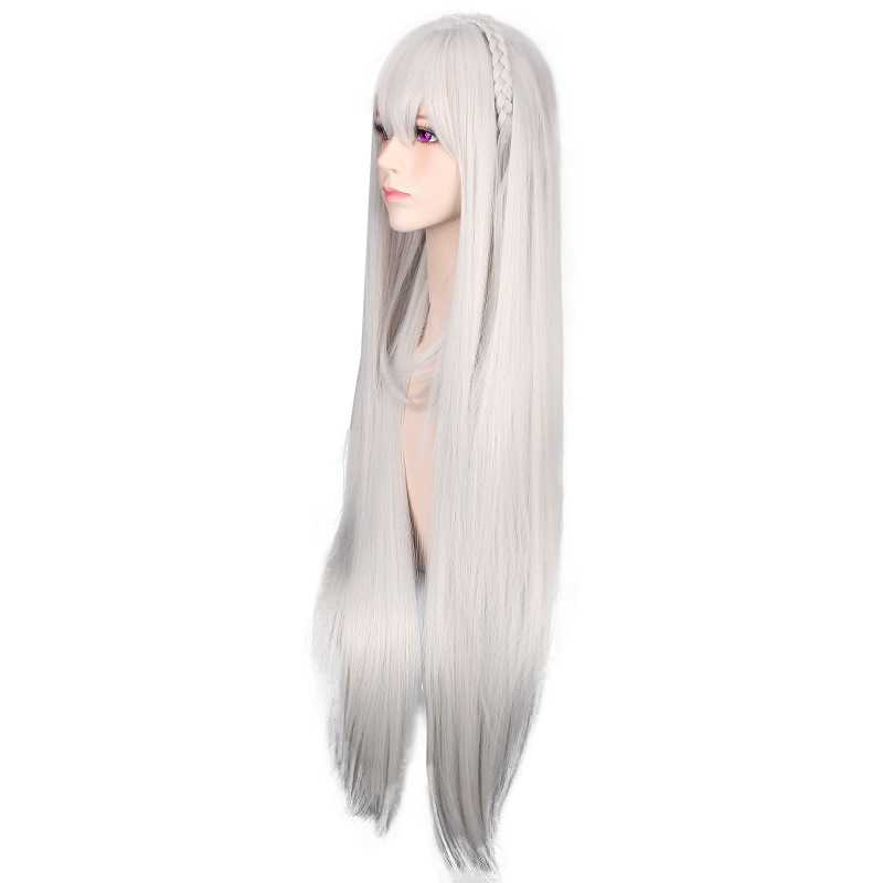 40-Zoll lange, gerade, silberne synthetische Perücke mit Fransen für Urlaubsparty, Halloween, Cosplay