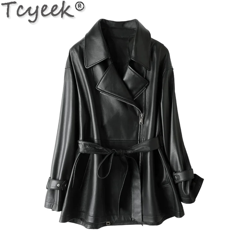 Tcyeek-シープスキンのミドル丈トレンチコート,女性用,本革ジャケット,コート,アウターウェア,新作,秋,2023