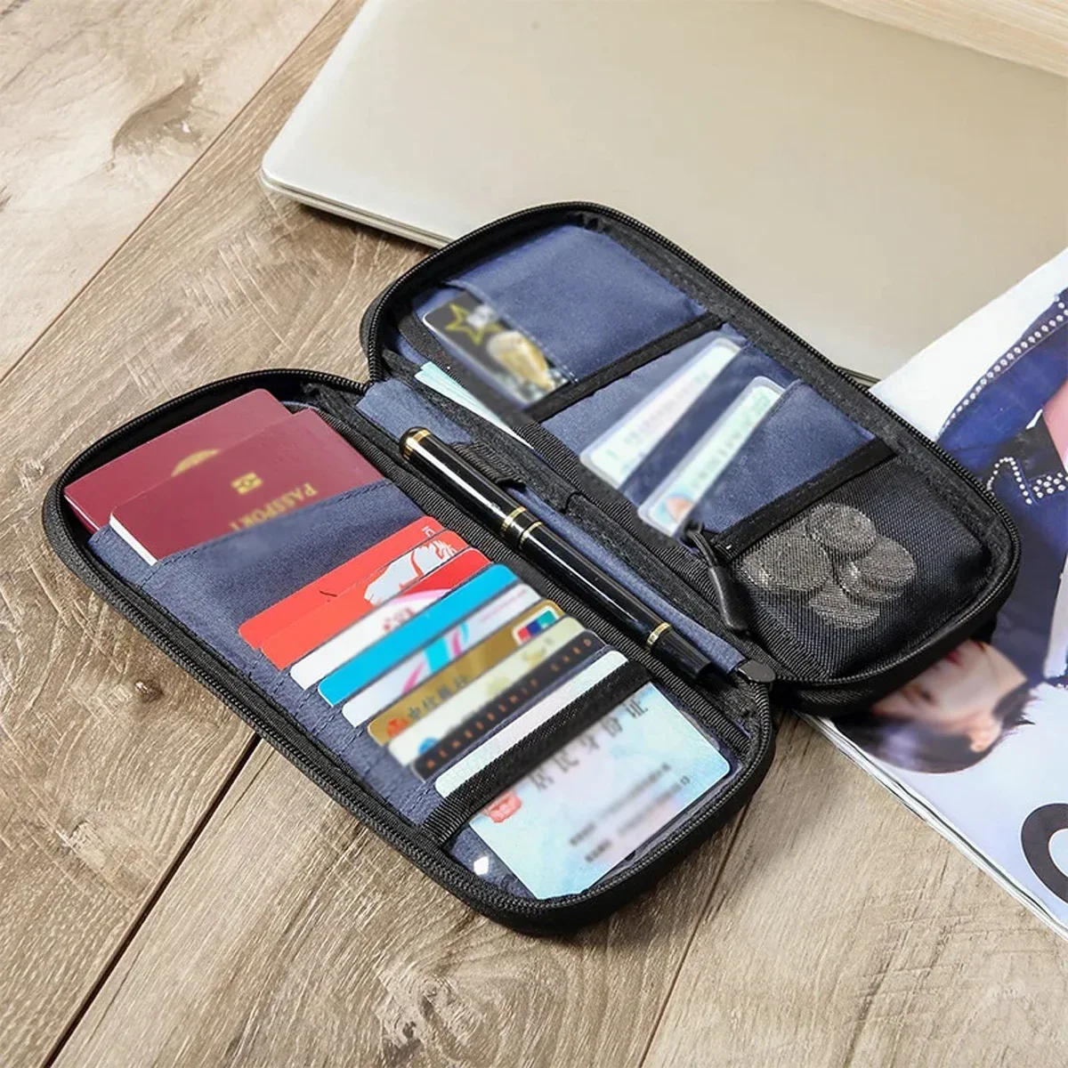Capa leve para passaporte de viagem familiar, carteira com zíper, bolsa organizadora de documentos oxford com alça de pulso removível para mulheres e homens