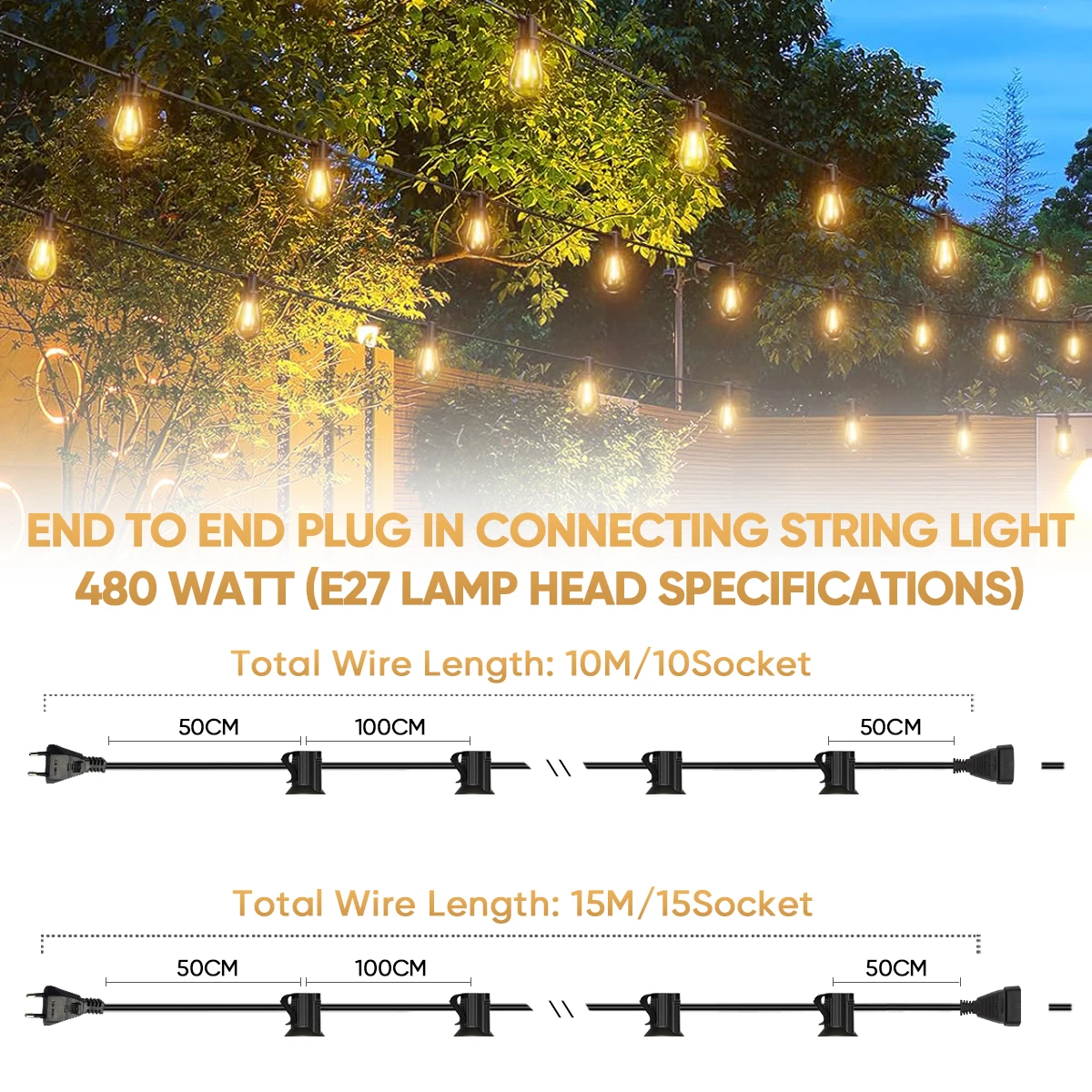 E27 Light Strand E26 Outdoor Light Cable String Light Wire 220V EU PLUG Wedding Stringer Sockets for Patio Decoration Light