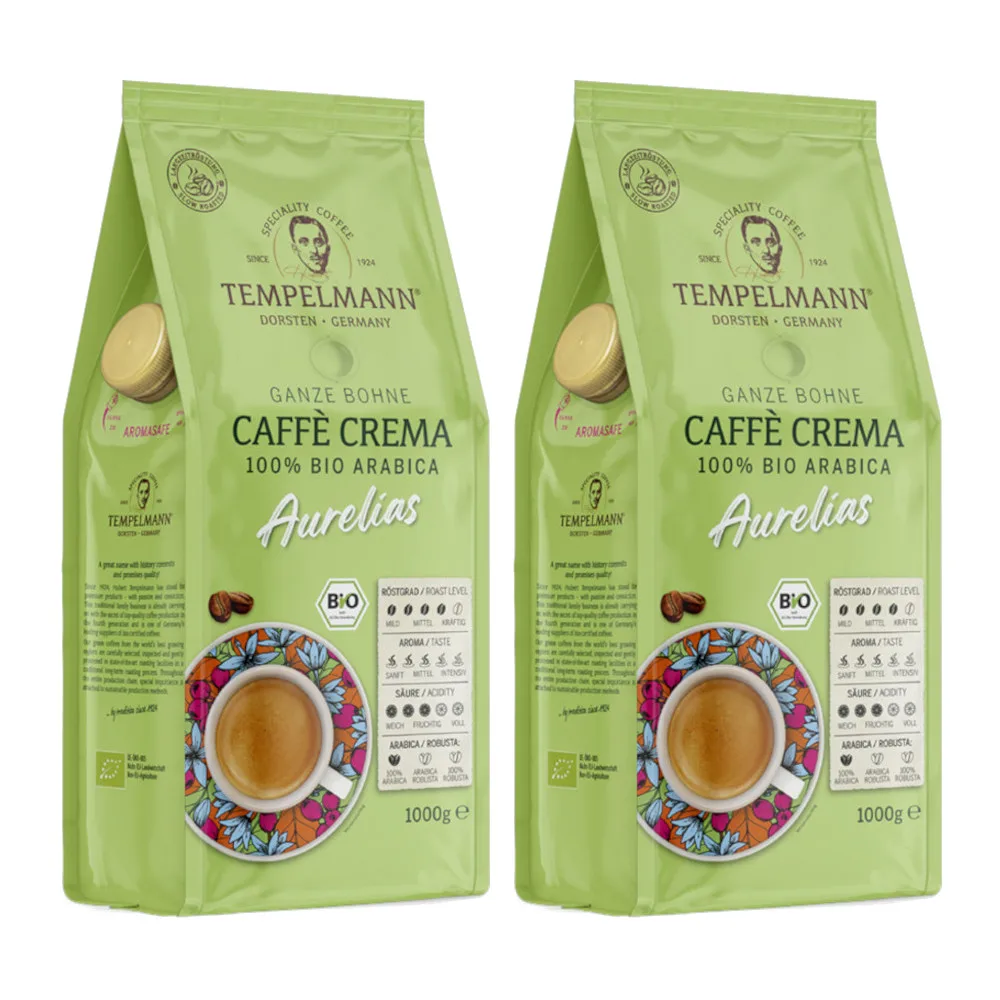2x Kawa ziarnista TEMPELMANN Aurelias Crema Bio 1kg