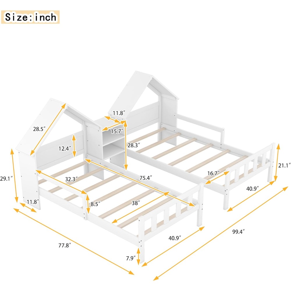 Twin House Bed Frame with Nightstand, Stylish Double House Shaped Bed for Kids and Teens, Perfect for Shared Rooms in Elegant Wh