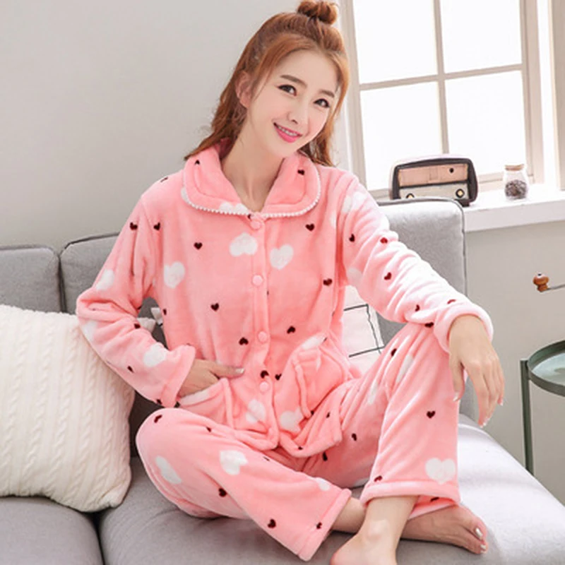 Pijamas quentes engrossados para mulheres no inverno coral velo pijamas senhoras bonito manga comprida cardigan flanela pijamas homewear